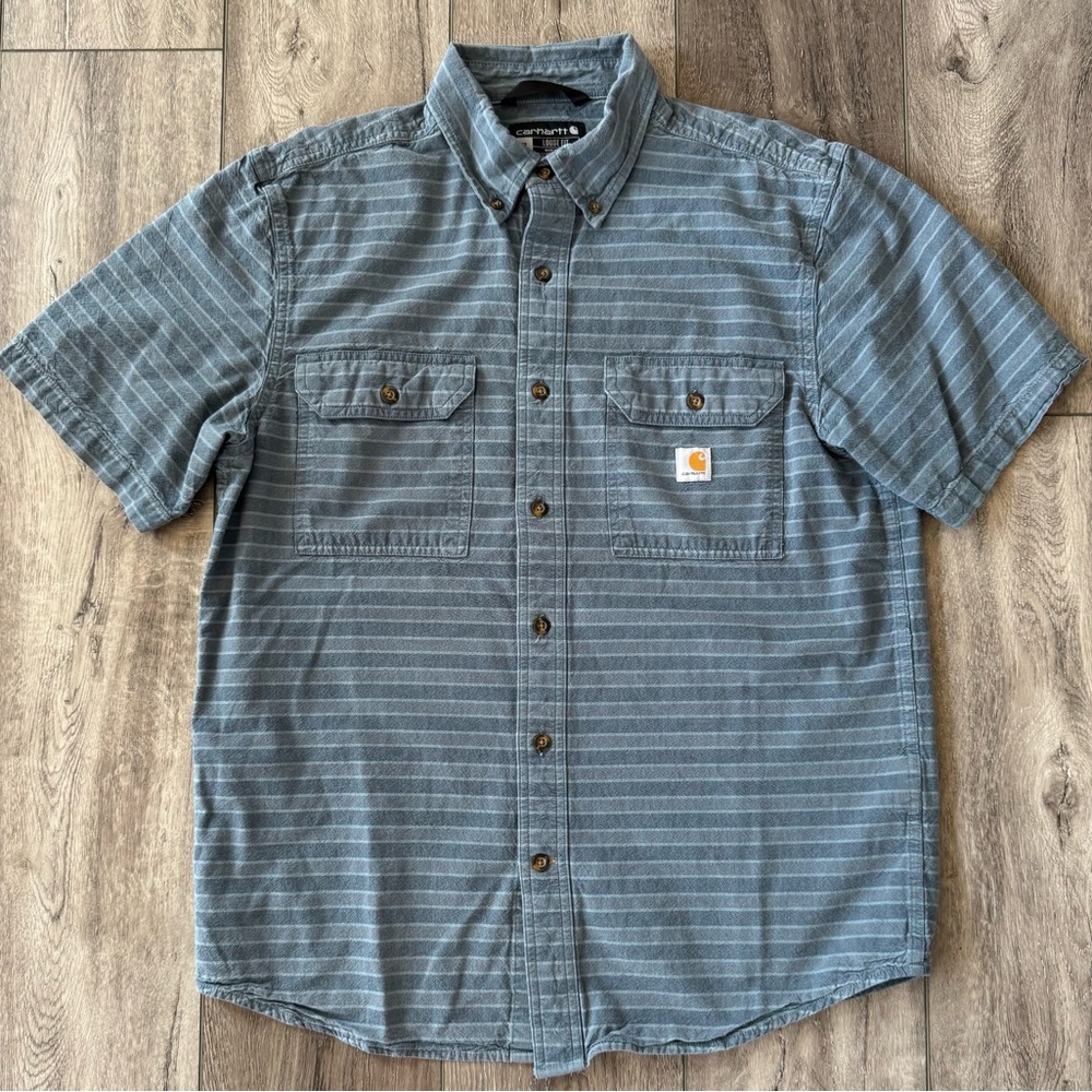 Carhartt Mens Loose Fit Midweight Chambray Striped Short Sleeve Button Up Medium